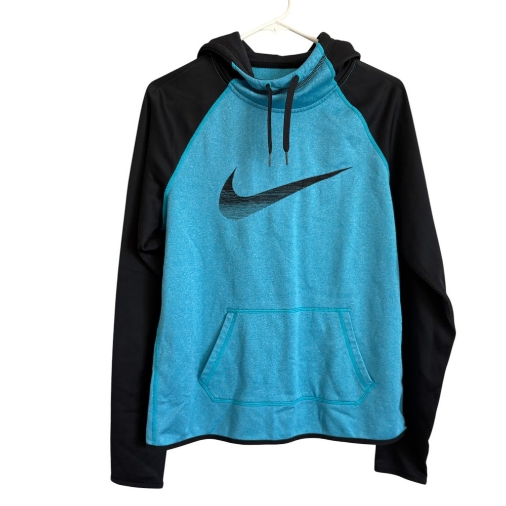 Nike Therma-FIT Womens Hoodie Sz Medium Blue Black Raglan Sweatshirt Thumb Hole